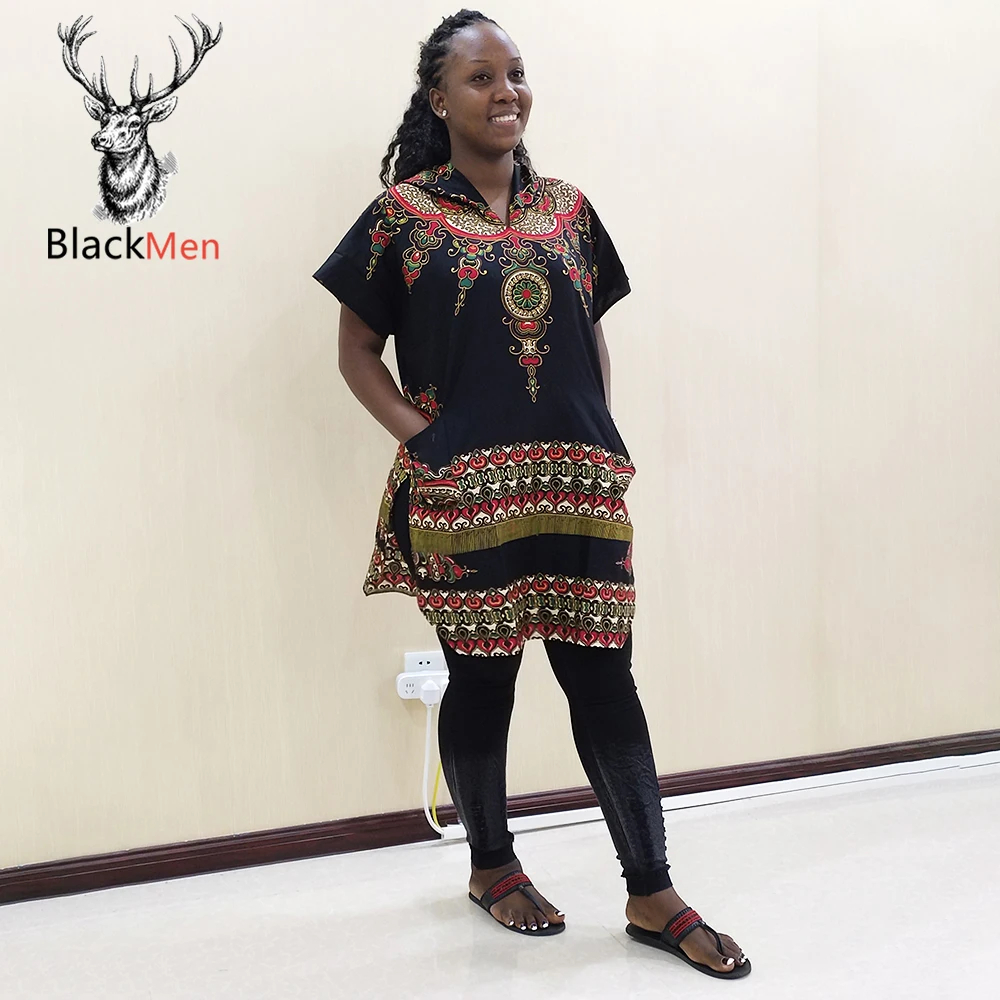 

Dashiki African Troditional Print Pockets Hoodies Black Cotton Women Tops T-Shirt