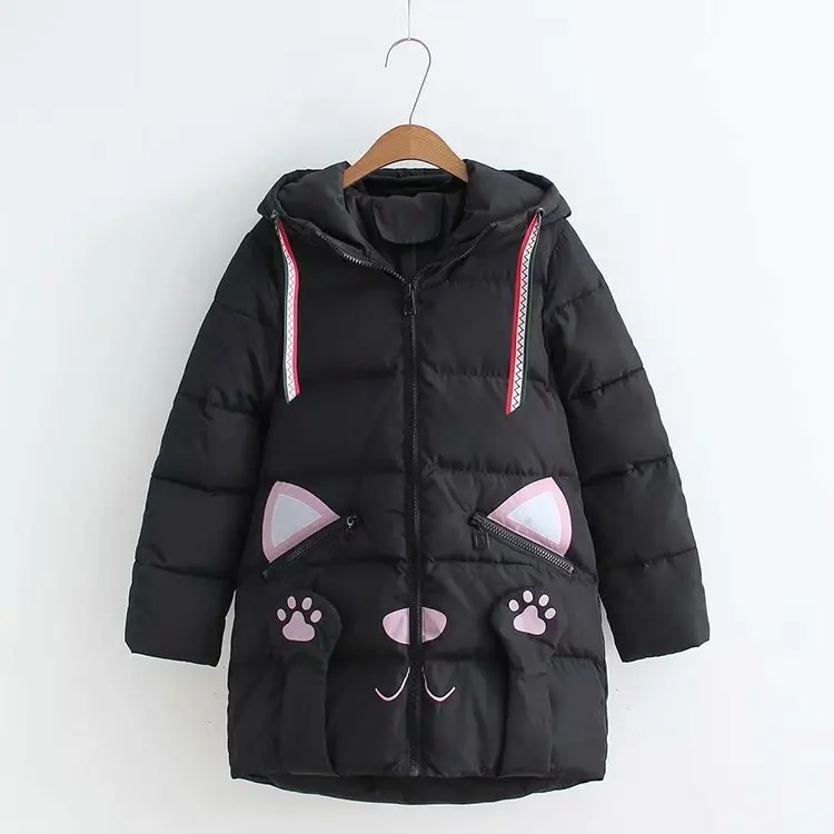 

Winter New Style Japanese-style GIRL'S Cute Cat Printed Stereo Claw Mid-length Hooded Thick Cotton-padded Clothes S25303