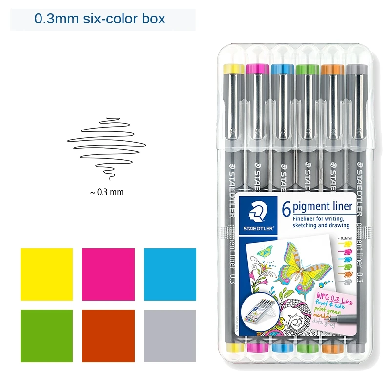 Staedtler 308 SB6P 피그먼트 라이너 파인라이너 테크니컬 드로잉 펜 모듬 선 폭-6 개 세트