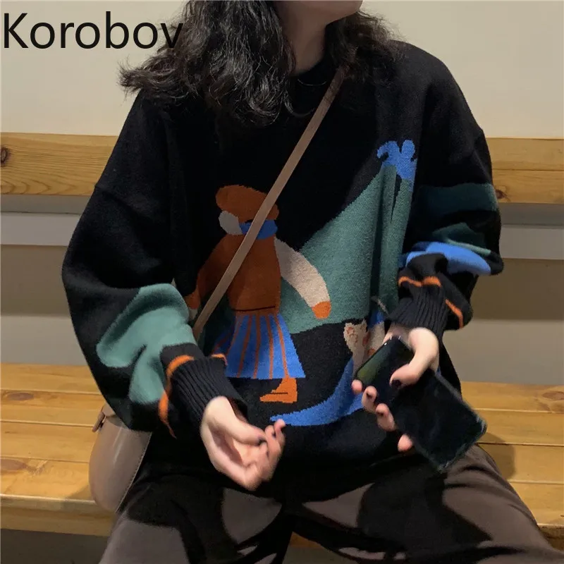 Korobov/корейские женские пуловеры с рисунком из мультфильма Harajuku большого размера, с длинным рукавом Sueter Mujer, модный осенний свитер с круглым вырезом 79083