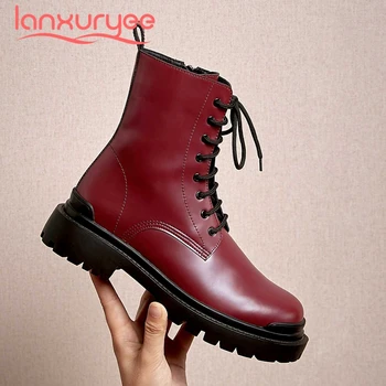 

Lanxuryee european style real cow leather winter shoes thick bottom round toe thick med heel zipper coolest soft ankle boots L32