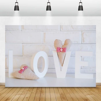

Laeacco White Brick Wall Love Heart Cotton Toys Photography Backgrounds Photographic Backdrops Valentine's Day Photophone Props