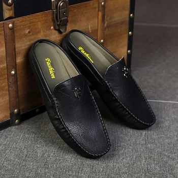 

Hot Sale Men Young Casual Shoes Black Gray Pu Leather Shoes For Mens Designer Casual Men Sneakers Fashion Man Half slippers