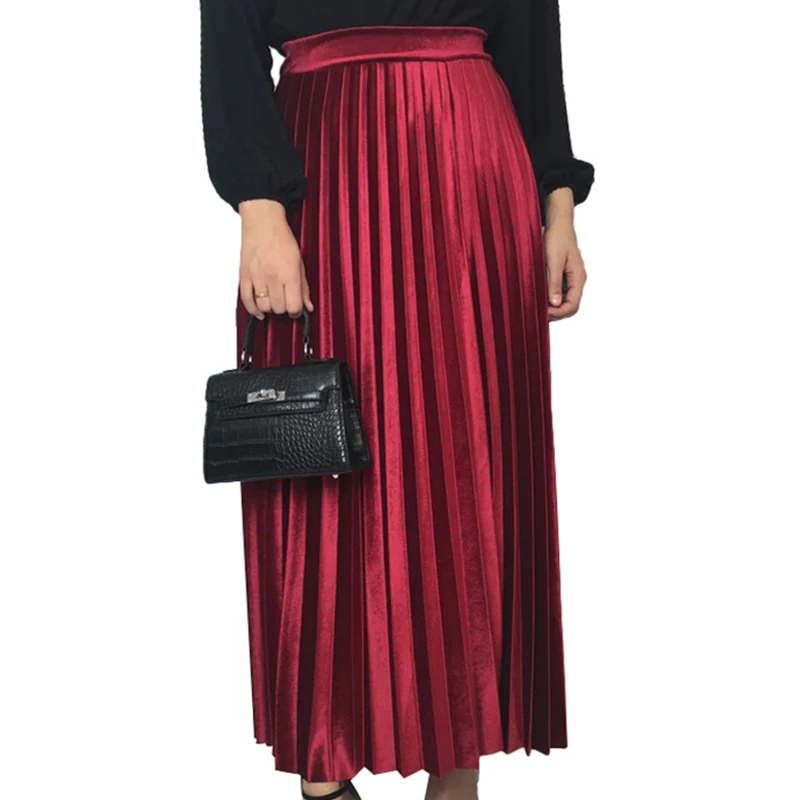 Siskakia, однотонная бархатная плиссированная юбка, длинная, Осень-зима, мусульманские женские макси юбки, модные, 6 цветов, юбка длиной до лодыжки, осенняя