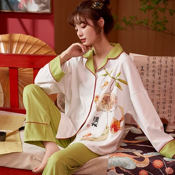 

New Women Pajamas Cotton 2pcs Set Spring and Autumn Long-sleeved Home Clothes Pajamas Ladies Knitted Sleepwear Suit