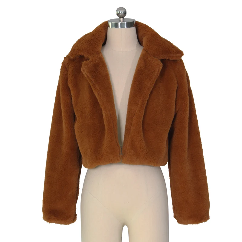 Коричневый Viifaa Rose Red Solid Open Front Fuzzy Crop Faux Fur Coat Women Winter Fashion Outerwear Fluffy Fake Fur Coats Jackets - Цвет: Коричневый