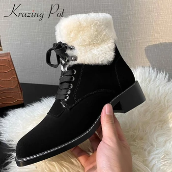 

Krazing Pot 2021 winter new snow boots cow suede round toe thick med heel lace up hot keep warm daily wear women ankle boots L92