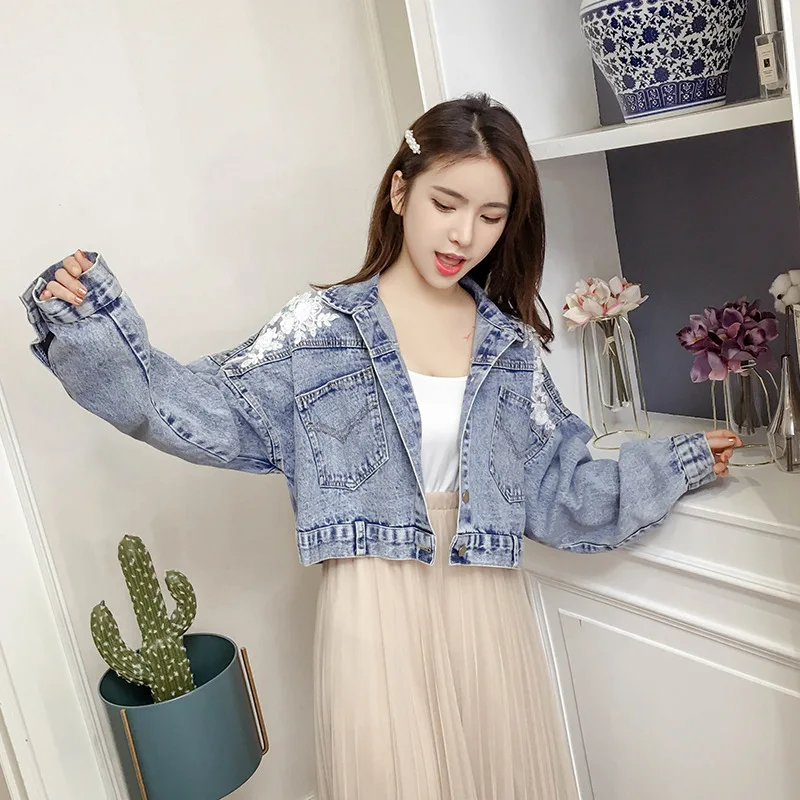 Greatest  2019 Spring And Autumn New Style Korean-style Stereo Flower Embroidered Jacket Loose Bat Sleeve Cow