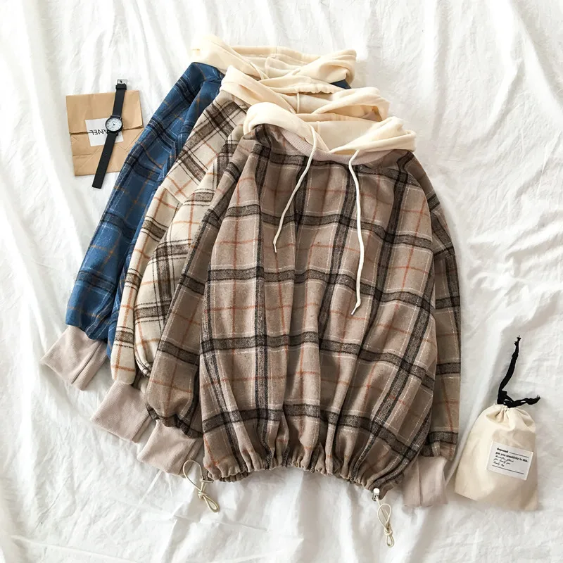 

Sweatshirt Plaid with A Hood Korean Oversized Hoodie Warm Harajuku Pullover Women Hoodie Winter Clothing streetwear blue