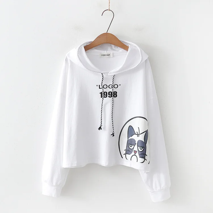 Merry Pretty женские короткие толстовки с мультяшным принтом Harajuku хлопковые толстовки с капюшоном зимние спортивные костюмы с длинным рукавом на шнурке - Цвет: Белый