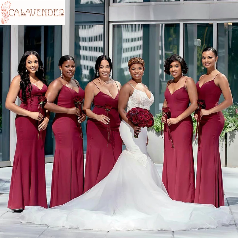 

Spaghetti Burgundy Bridesmaid Dresses Mermaid Floor Length robe mariage femme Zipper Up Back Wedding Party Dresses