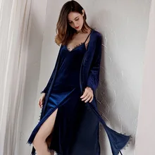 Женский велюровый пижамный комплект из 2 предметов, темно-синяя Пижама, кимоно с v-образным вырезом, банный халат, женская ночная рубашка, весенний домашний халат