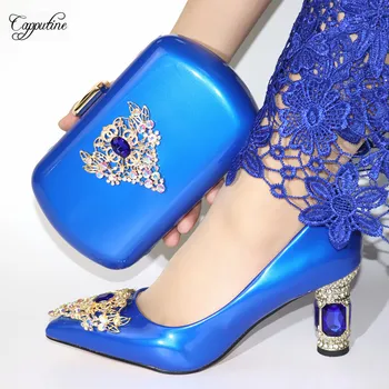 

Most Fashion Royal Blue Pumps And Handbag Elegant Lady High Heel Pointed Toe Shoes With Purse Bag Set VC894 Heel Height 6.5CM