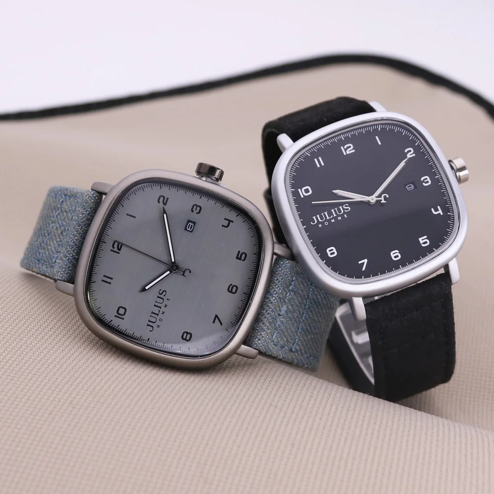 Photo Product New 4 Colors Real Auto Date Men's Watch Japan Quartz Man Hours Fine Fashion Real Leather Bracelet Boy's Gift Julius Box