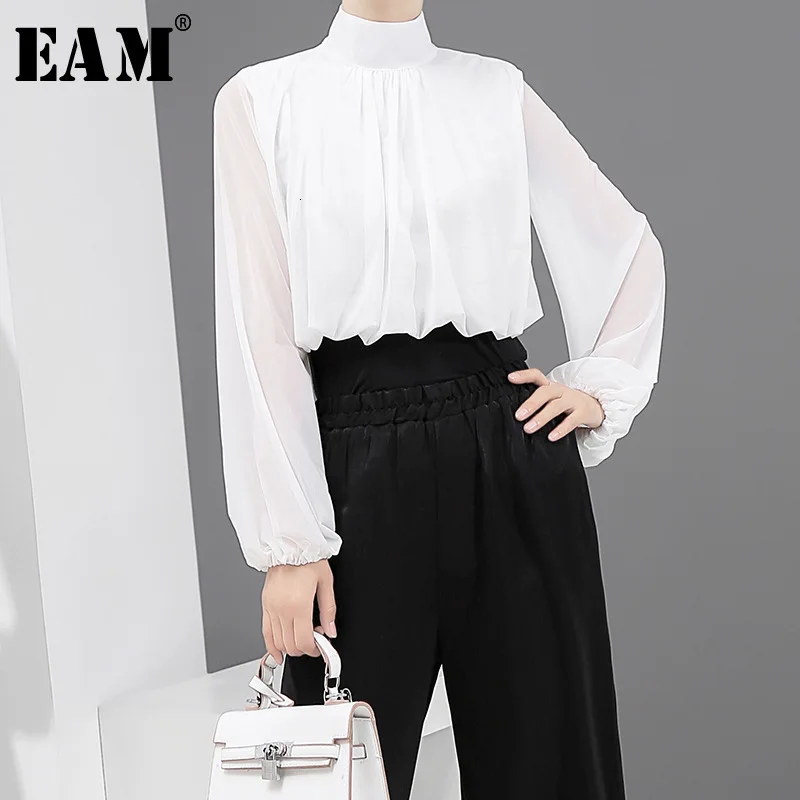 

[EAM] Women White Chiffon Stitc Temperament Blouse New Stand Collar Long Sleeve Loose Fit Shirt Fashion Spring Autumn 2019 1D665