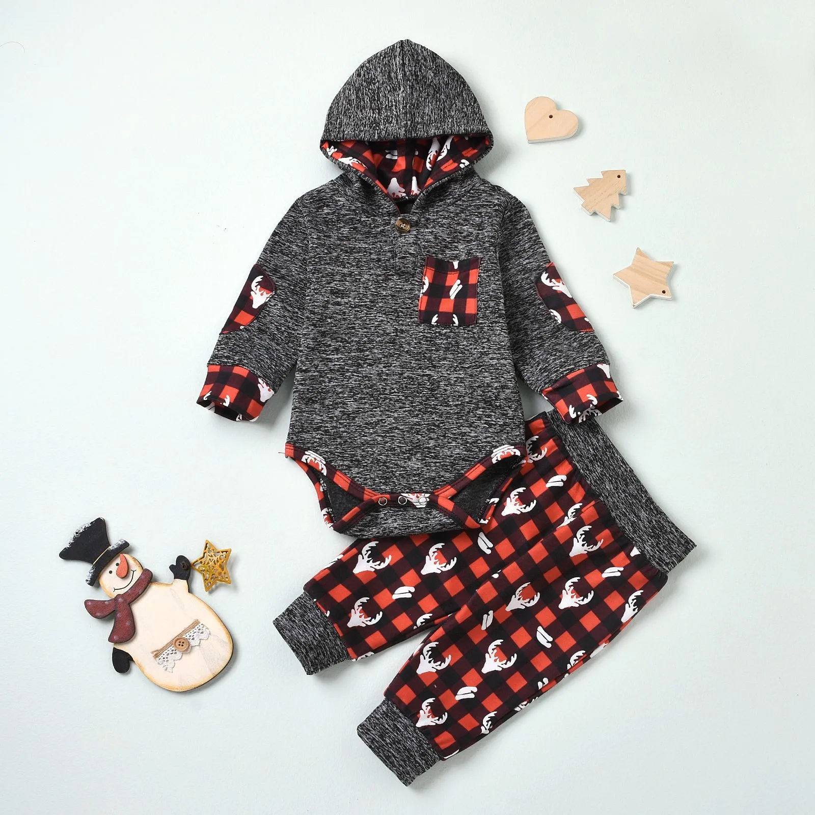

0-18Month Newborn Kid Baby Hooded Cartoon Elk Christmas Bodysuit Romper+Pants Clothes disfraz elfo bebe Red plaid romper suit M5