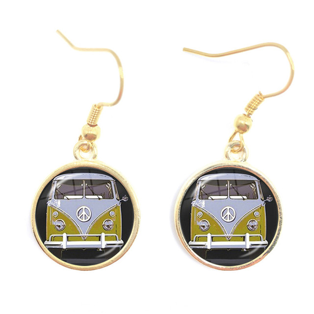 Blue-Red-Yellow Hippie Peace Van Bus Photo Drop Earrings Retro Beach Bus Car Collectors Bus Peace Sign Jewelry For Women