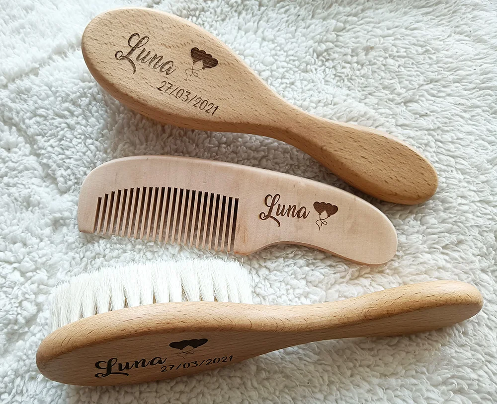 Personalized Baby Care Hair Brush Pure Natural Wool Wood Comb , Engraved Newborn Massager Baby Shower and Registry Gift