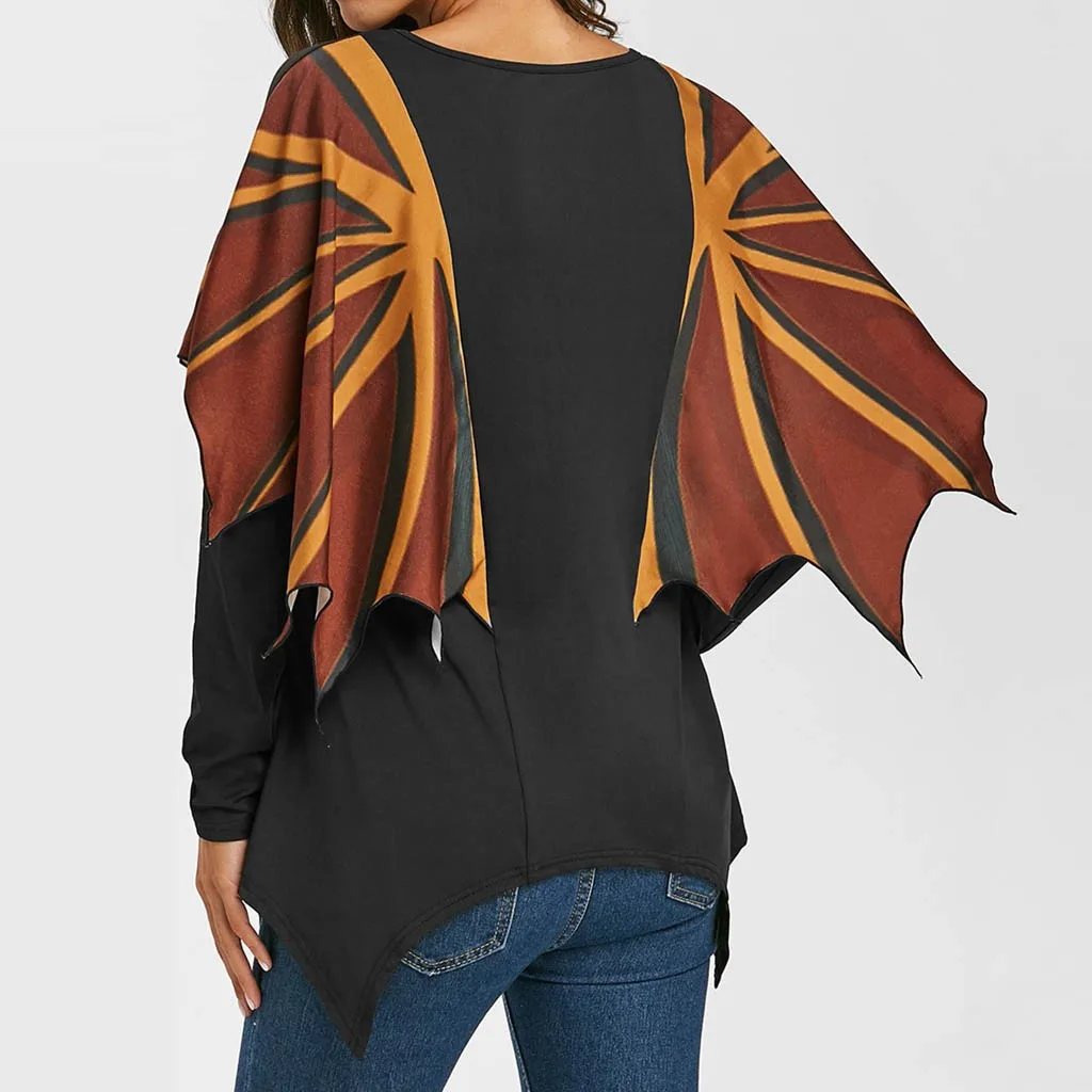 

Halloween Blouse Women Horror Print Party Shirt Casual Long Sleeve Bat Wings Tops O Neck Patchwork Blusa Mujer Blouse Top @30