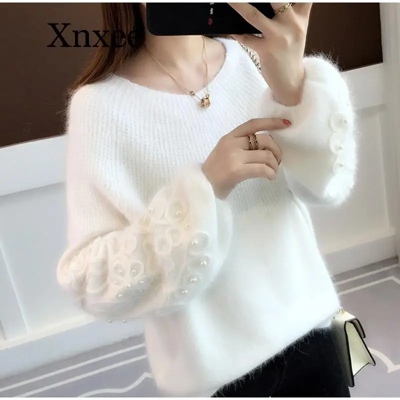 

Knitted Pearl Embroidery Women Sweater Pullover O-Neck Long Sleeve Solid Female Sweaters 2020 Autumn Winter Ladies Pullovers