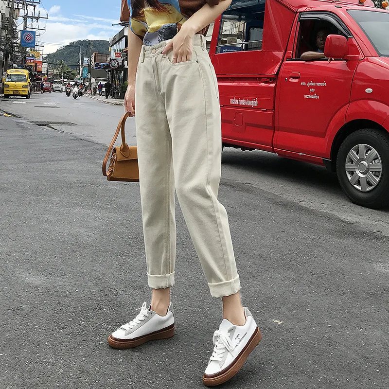 

Baggy jeans woman high waist Wide Leg Harem Ankle-Length Pants Mom Jeans Apricot Button Pockets Cargo pants women Fall 2020