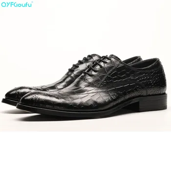 

QYFCIOUFU Fashion Genuine Leather Shoes Men Dress Shoe Crocodile Pattern Oxfords Shoes Lace Up Designer Luxury Men Formal Shoes