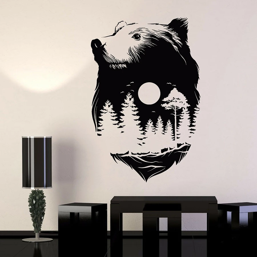 cheap Bear Head Wall Decal Animals Full Moon Nature Forest Midnight Vinyl Wall Sticker Bedroom Living Room Nursery Interior Decor M719