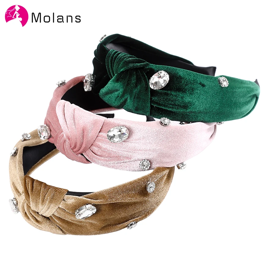 

MOLANS Irregular Rhinestones Solid Hairbands Soft Velvet 5cm Center Knotted Women Headbands Non-slip Wide Hair Hoops For Female