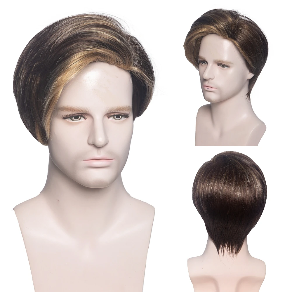 MSIWIGS 남성 짧은 스트레이트 가발 옹 브르 그레이 브라운 합성 가발 화이트 남성용 머리카락 Fleeciness 현실적인 자연 헤드 기어