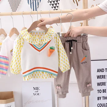 

3PCS Set Baby Girls Clothes Toddler Kids Hooded Wool shirt Vest + Long Sleved Striped Tops Pants Children Clothing Set