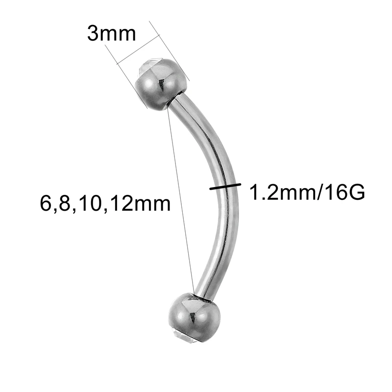 Piercing Aço Cirurgico 316L Sobrancelha Microbell Reto com 1 Pedra Crystal  1,2mm x 8mm