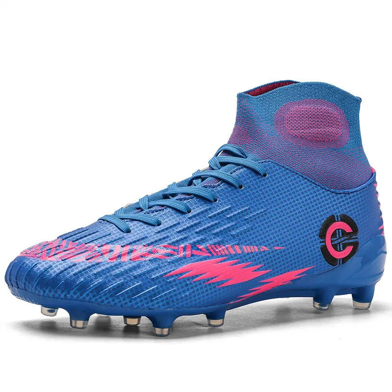 Домашние Дышащие футбольные бутсы мужские футбольные ботинки высокие тренировочные бутсы до лодыжки кроссовки для мальчиков детские сверхтонкие футбольные ботинки для бега - Цвет: blue long spike