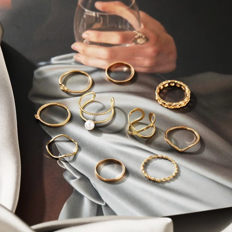 

2023 Cute Cool Style Alloy 10-Piece Set Simple Pearl Knuckle Ring Anillos Mujer Woman Rings Korean Fashion Gothic Accessories