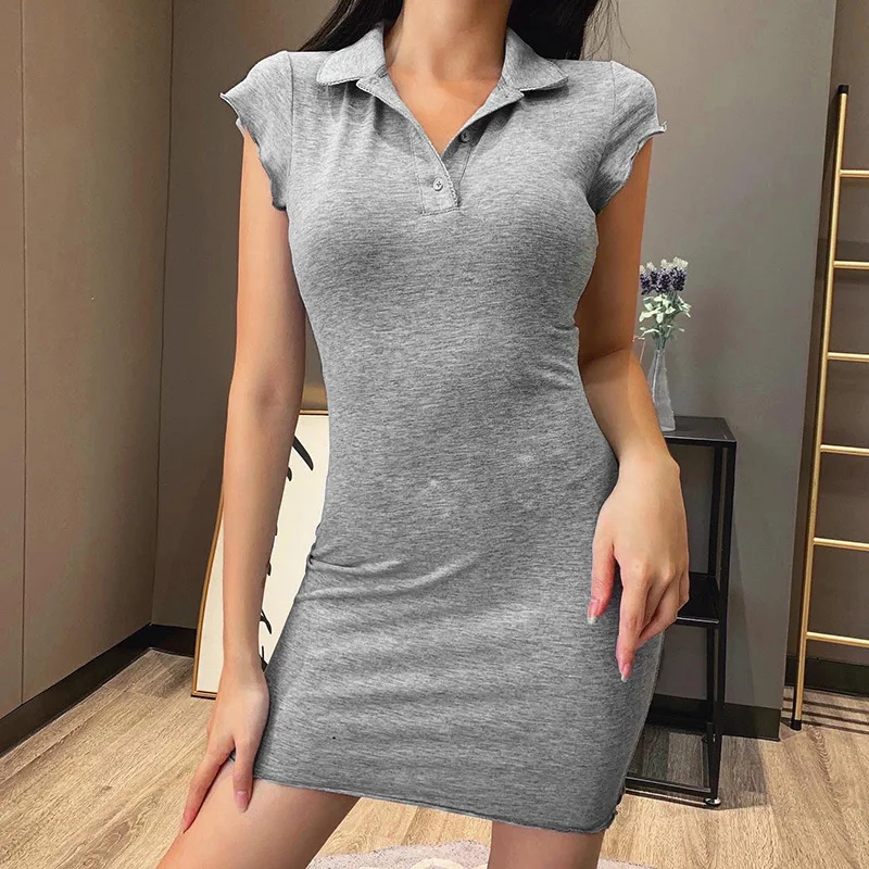 

Women Polo Neck Dress Summer Bodycon Mini Dresses Fashion Casual Short Sleeve Elastic Sundress Women's Clothing
