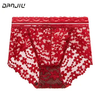 

Sexy Lace Hollow Breathable Women Panties Transparent High Elasticity Seamless Female Underwear Middle Waist Flower Breifs