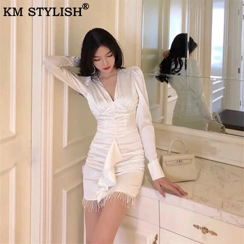 

French retro sexy women's v-neck dress lady temperament high-end satin pearl tassels ruffles female party white one-piece dress