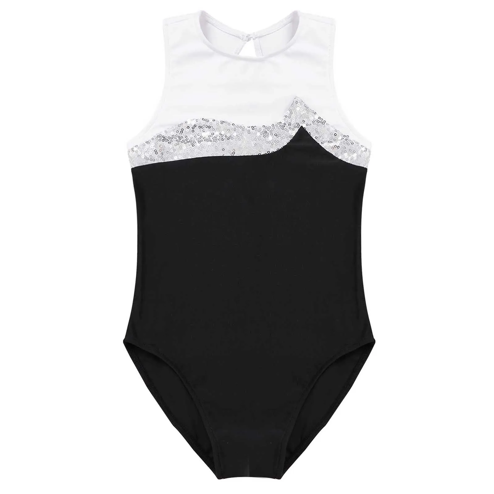 Child Kids Girls Sleeveless Shiny Sequins Keyhole Back Gymnastics Ballet Dance Leotard Gymnastics Bodysuit for Girls Dance Wear