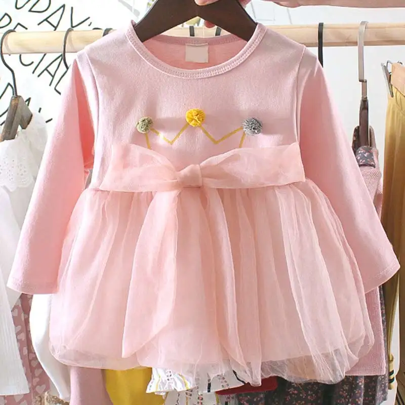 Menoea/одежда для малышей; коллекция года; сезон весна; розовые платья для девочек; бархатное платье-пачка с длинными рукавами и бантом для малышей; двухуровневое детское платье; Vestidos - Цвет: AZ2182 Pink