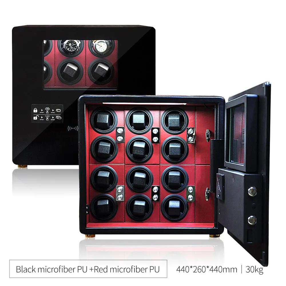 Роскошная безопасная коробка для намотки часов, 12 автоматических шкафов для часов, стальная коробка strongbox Theftproof, коллекция - Цвет: Black w Red