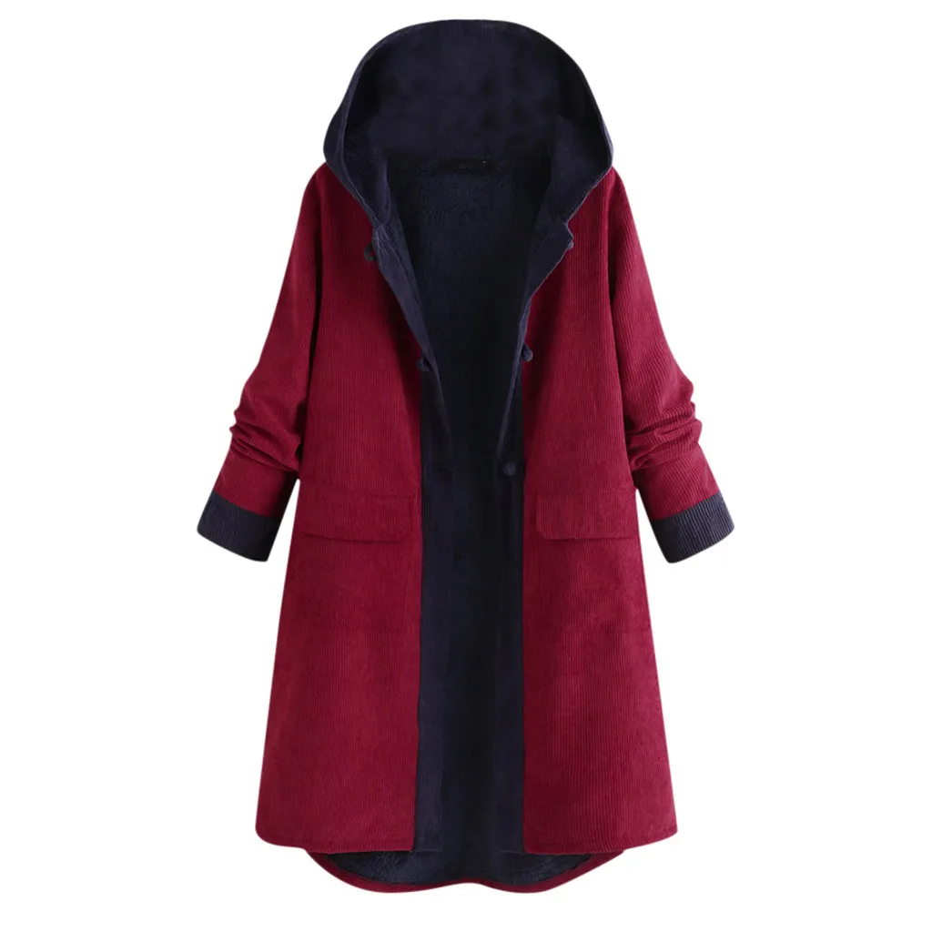 Jaycosin Fashion Women Casual Winter Vintage Patch Hooded Coat Stylish Long Sleeve Comfortable Fleece Corduroy Long Coat 30#4