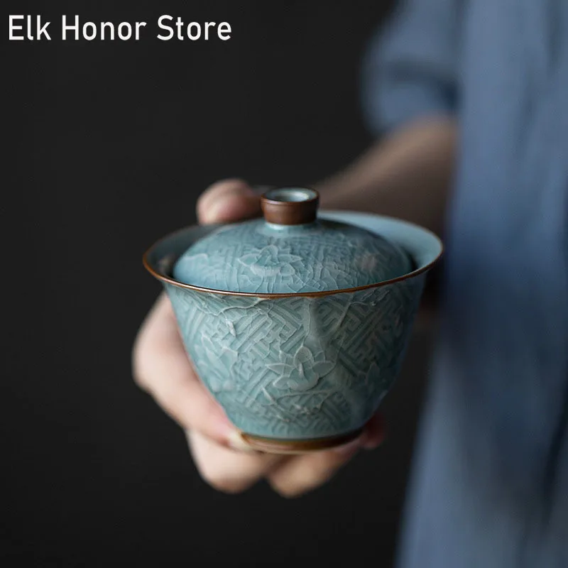 Retro Ge Kiln Ceramic Tea Tureen 110ml Handmade Relief Flower Art Gracked Glaze Tea Maker Gaiwan Household Kung Fu Ceremony