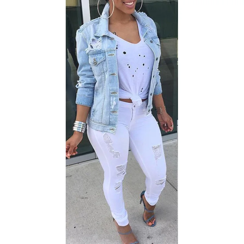 Best Coat Women Autumn Casual Jackets Oversized Boyfriend Style Outwear Ripped Denim Jacket With Hole