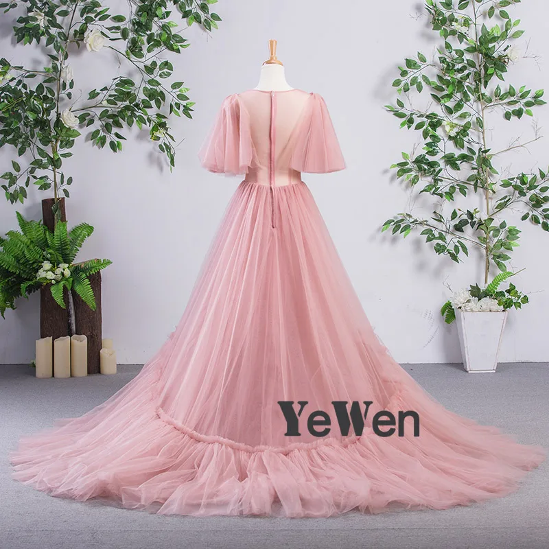 Женское вечернее платье YeWen Illusion темно розовое длиной до пола с круглым вырезом