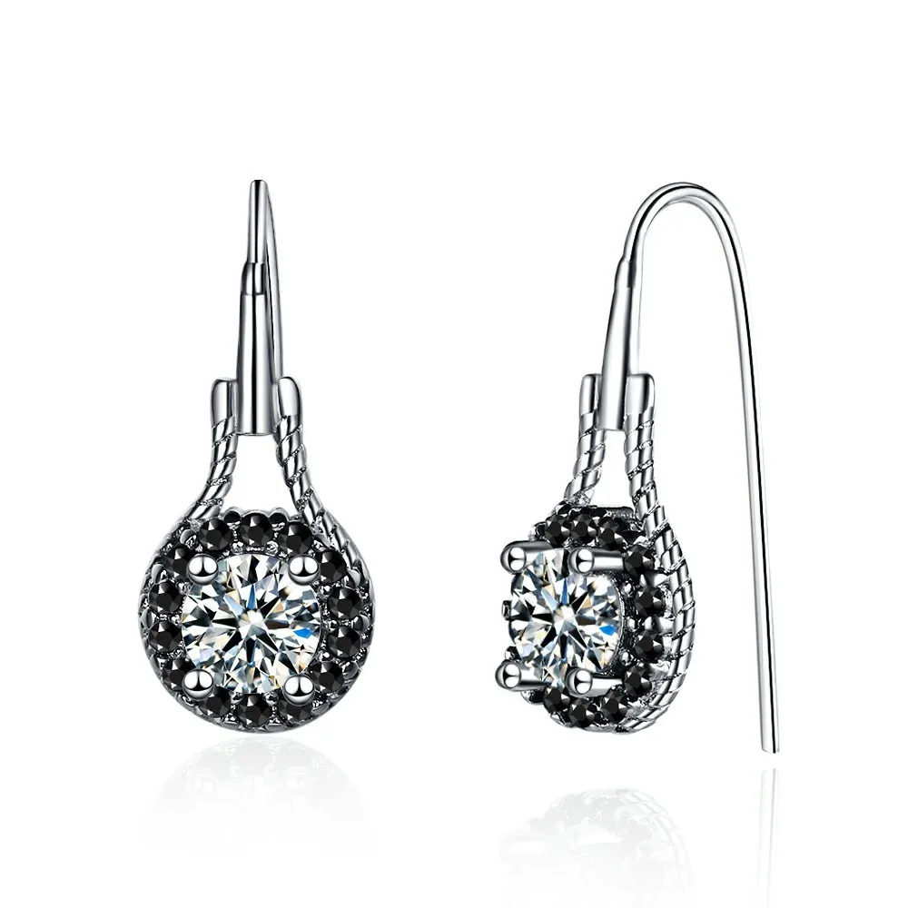 New Arrival 100% 925 Sterling Silver Fashion Simple Round Black Crystal Lady Drop Earrings Promotion Gift Women Christmas Day | Украшения и