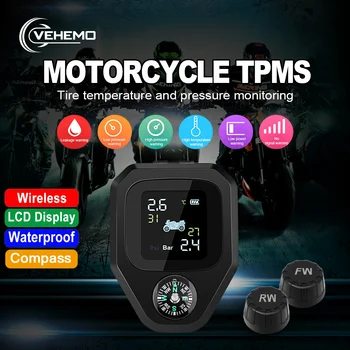 

Vehemo Compass Tire Pressure Monitoring Alarm Real-time Display 2PCS Sensor For Motorbike Moto Wireless USB interface 5V TPMS