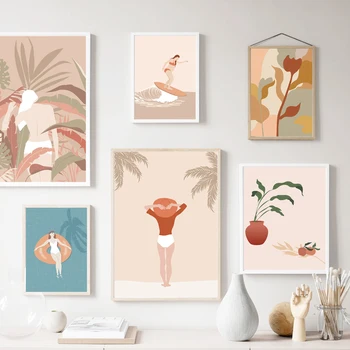 

Abstract Woman Swim Surf Plant Leaf Fruit Wall Art Summer Vacation Canvas Painting Nordic Posters And Prints Pictures Home Decor