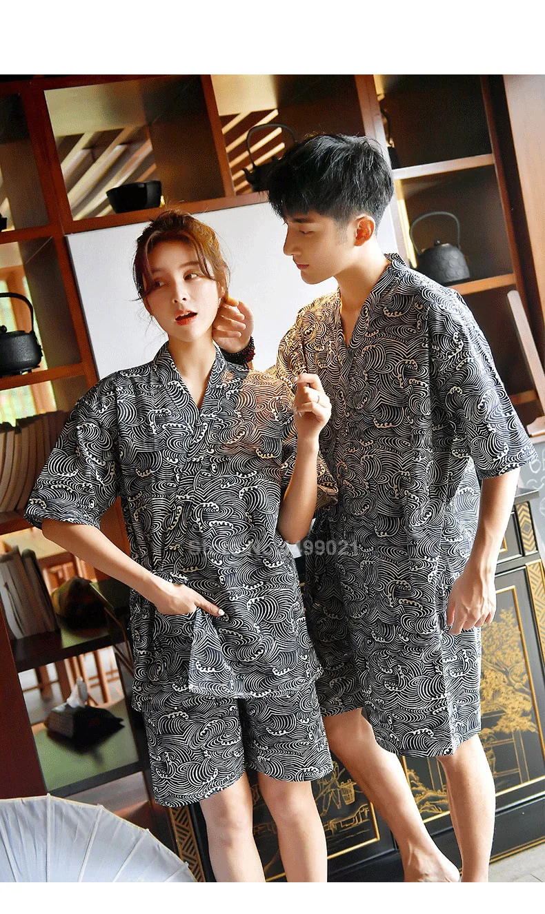 Хлопковое японское кимоно Jinbei с волнистым принтом, пижамный комплект для мужчин и женщин, одежда для пар с v-образным вырезом, банная Пижама Yukata, Пижама