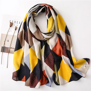 

KYQIAO Women scarf female autumn spring fashion luxury brand long vintage geometric patchwork scarves cape muffler