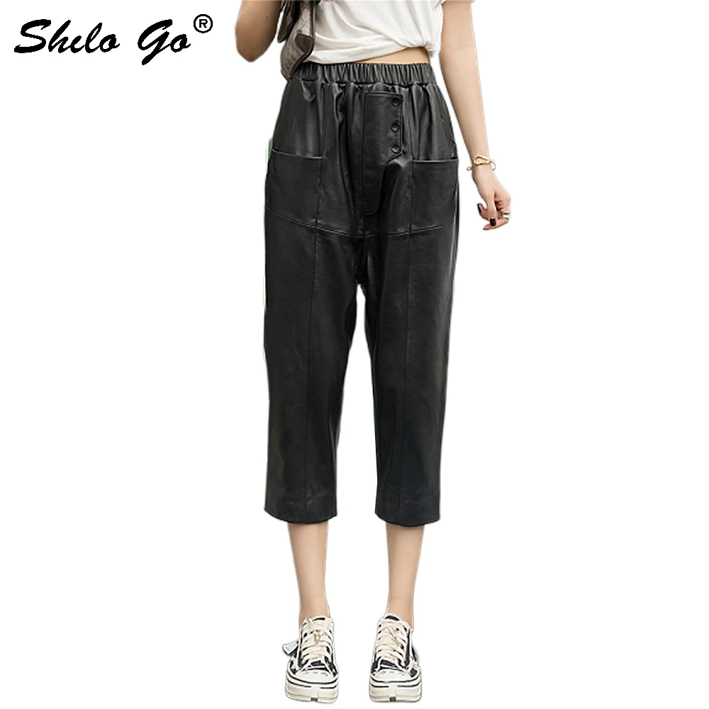 Echt Lederen Broek Casual Plus Size Elastische Taille Solid Harembroek Vrouwen Herfst Knop en Pocket Voor Hoge Taille Broek