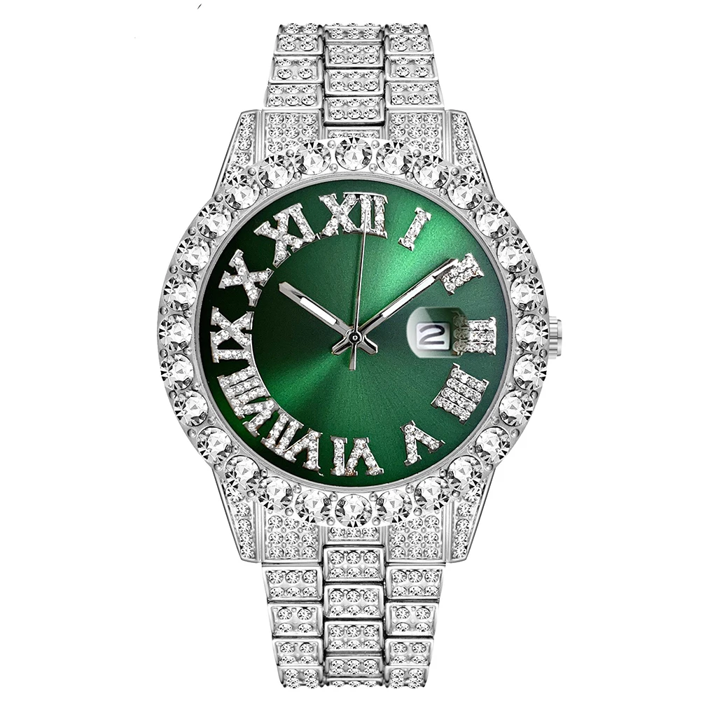 2 Pcs Watch+bracelet Hip Hop Stainless Steel Gold Color Calendar Watch For Men Iced Out Paved Rhinestones Men Watch Reloj Hombre 